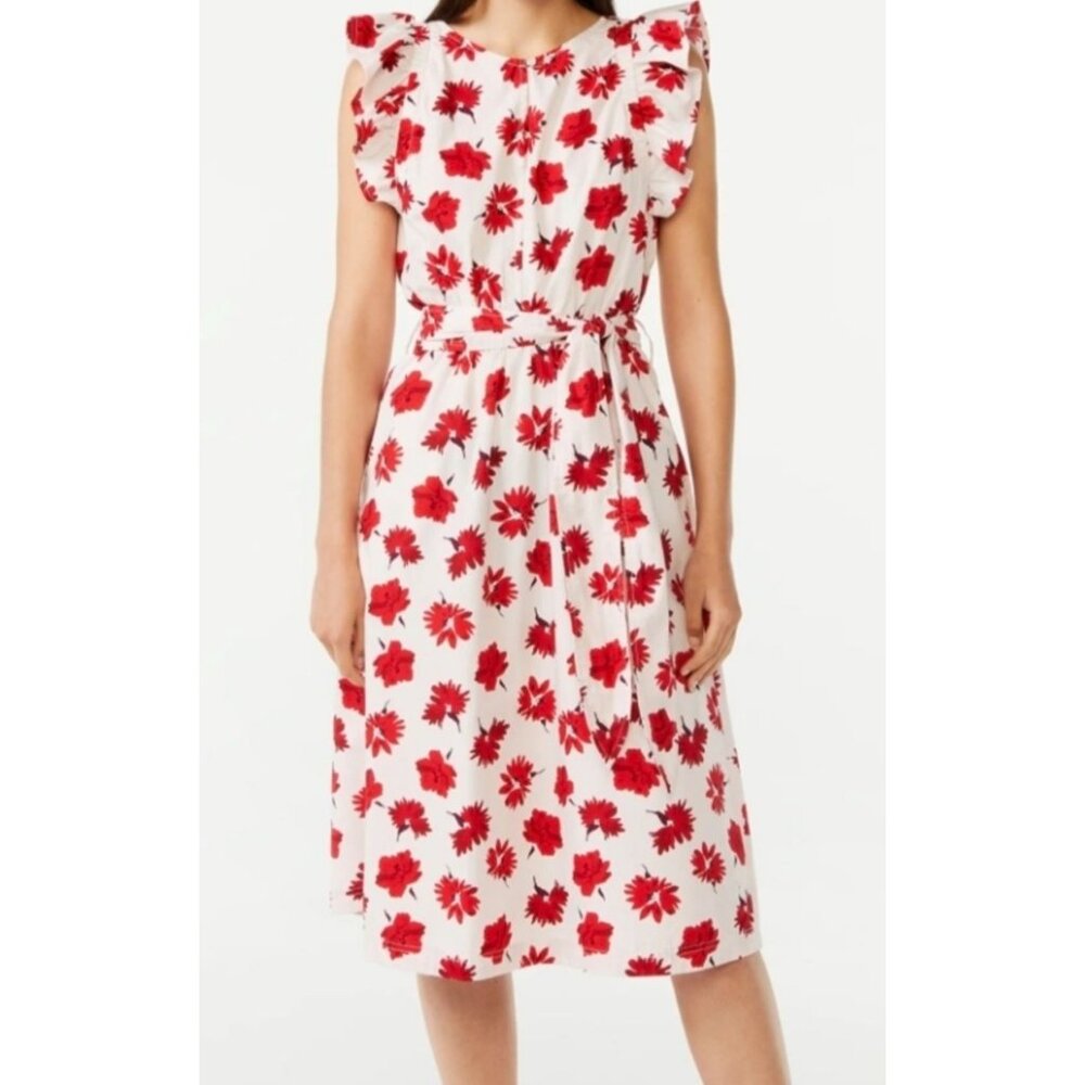 Floral Ruffle Sleeve Midi Dress By Free Assembly White With Red Print Lightweigh